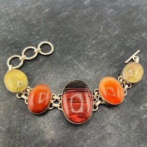 VINTAGE Sterling silver, fluorite, red obsidian, & possibly carnelian bracelet